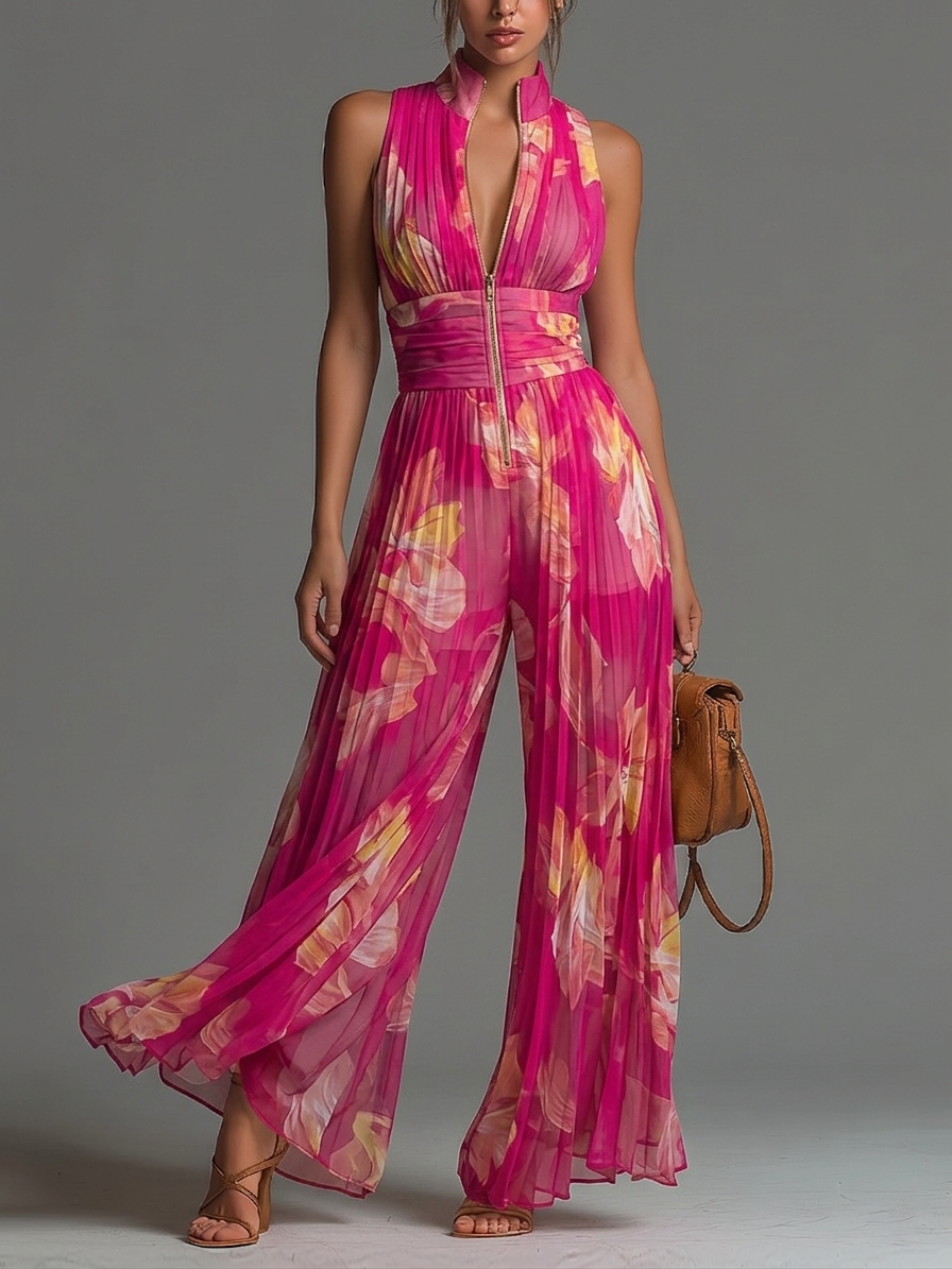 Fuchsia Bloemenprint Mouwloze Rits Plissé Wijde Chiffon Jumpsuit