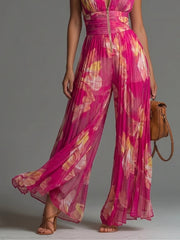 Fuchsia Bloemenprint Mouwloze Rits Plissé Wijde Chiffon Jumpsuit