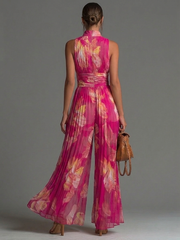 Fuchsia Bloemenprint Mouwloze Rits Plissé Wijde Chiffon Jumpsuit