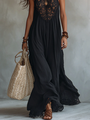 Bohemian Zwarte Mouwloze Maxi-jurk met Kantafwerking