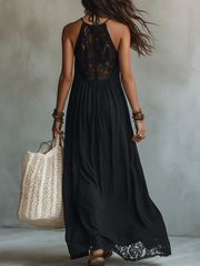 Bohemian Zwarte Mouwloze Maxi-jurk met Kantafwerking