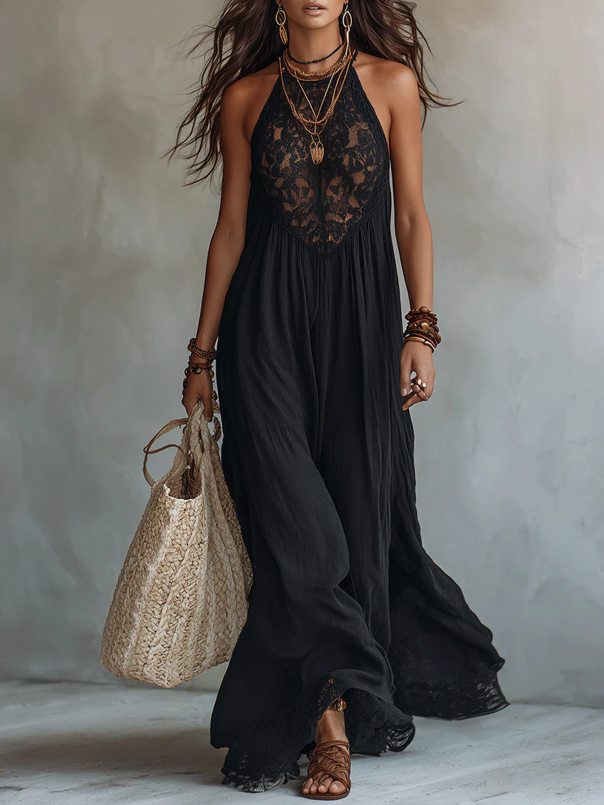 Bohemian Zwarte Mouwloze Maxi-jurk met Kantafwerking