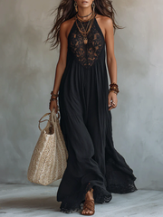 Bohemian Zwarte Mouwloze Maxi-jurk met Kantafwerking