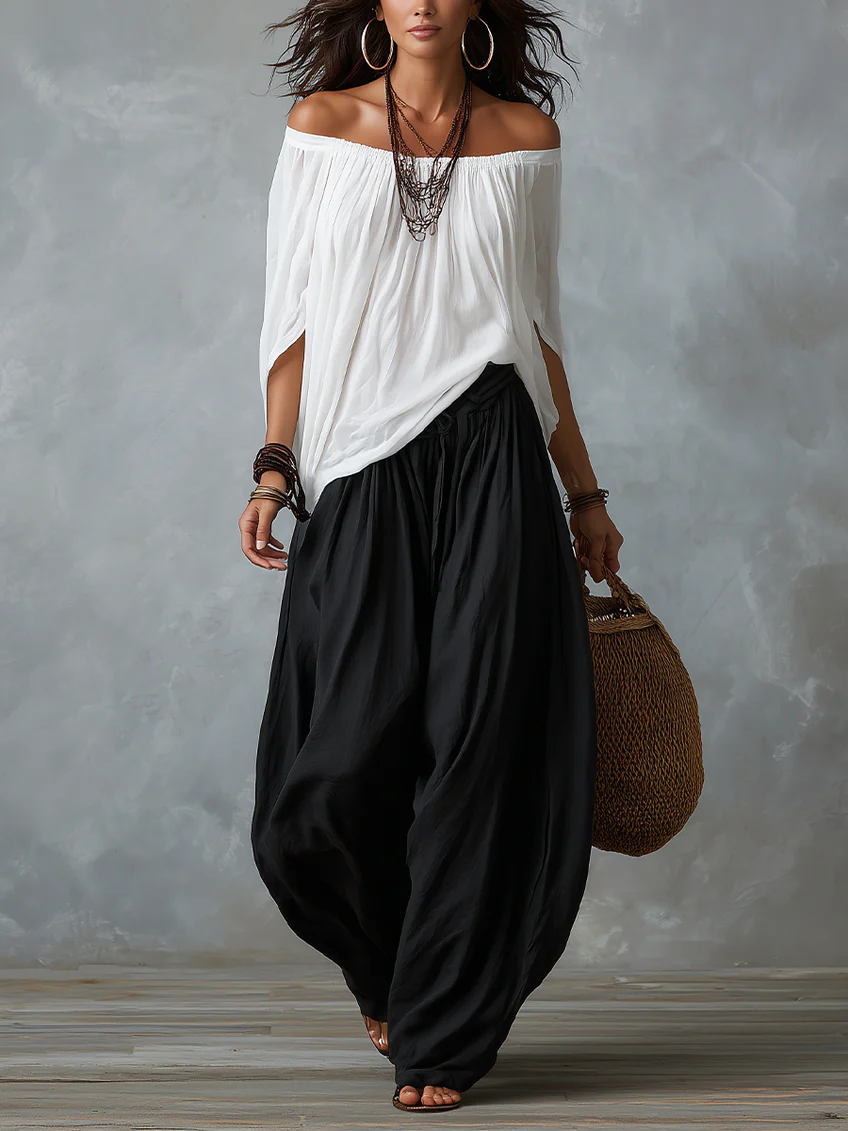 Witte Off-shoulder Top En Loszittende Lantaarnbroek Set