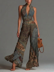 Boheemse Etnische Print Mouwloze Rits Plissé Wijd-Pijpen Chiffon Jumpsuit