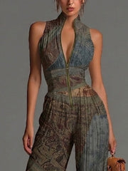 Boheemse Etnische Print Mouwloze Rits Plissé Wijd-Pijpen Chiffon Jumpsuit