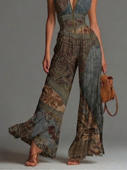 Boheemse Etnische Print Mouwloze Rits Plissé Wijd-Pijpen Chiffon Jumpsuit
