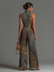 Boheemse Etnische Print Mouwloze Rits Plissé Wijd-Pijpen Chiffon Jumpsuit
