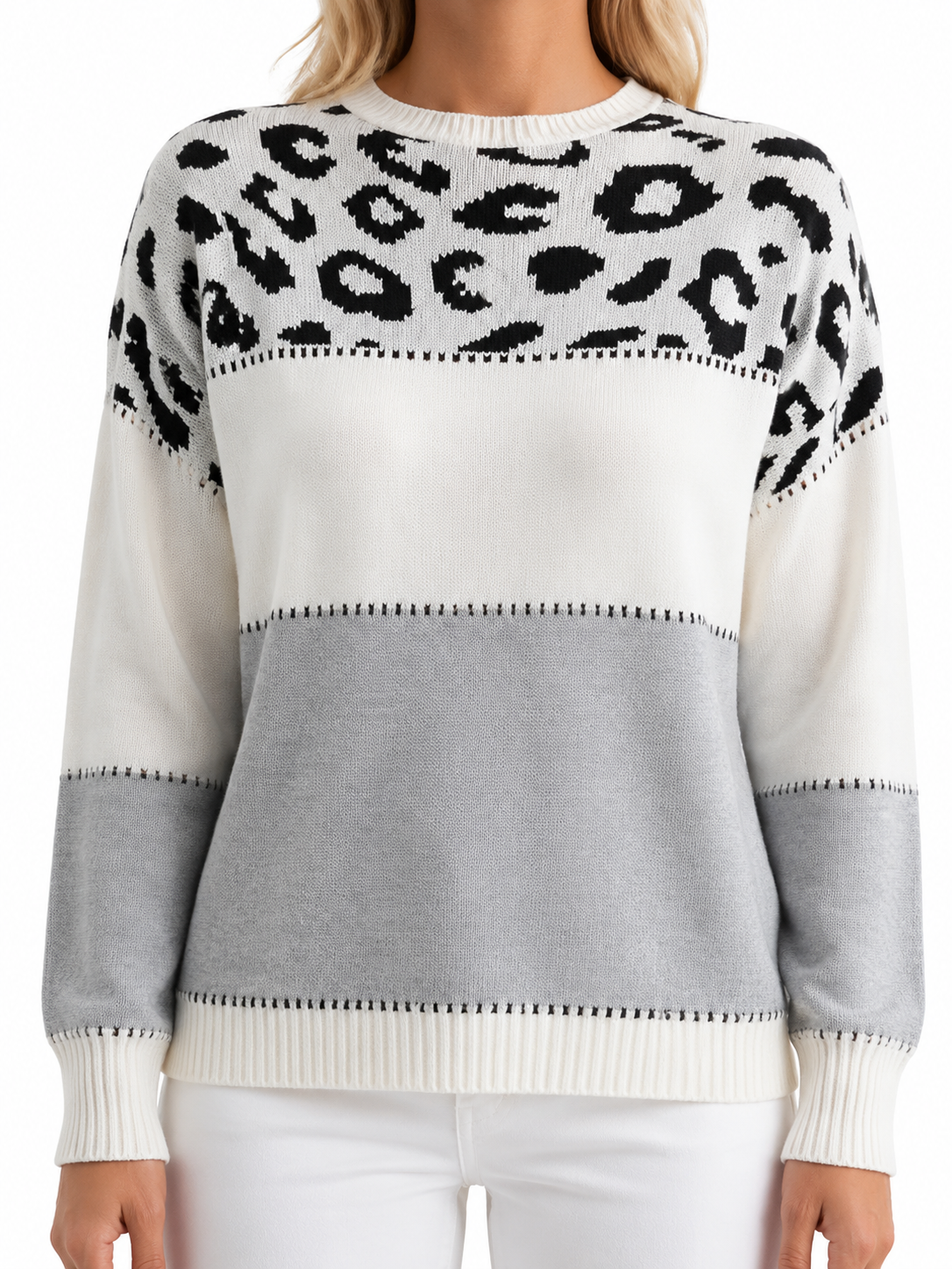 Colorblock trui met luipaardprint - voorkant