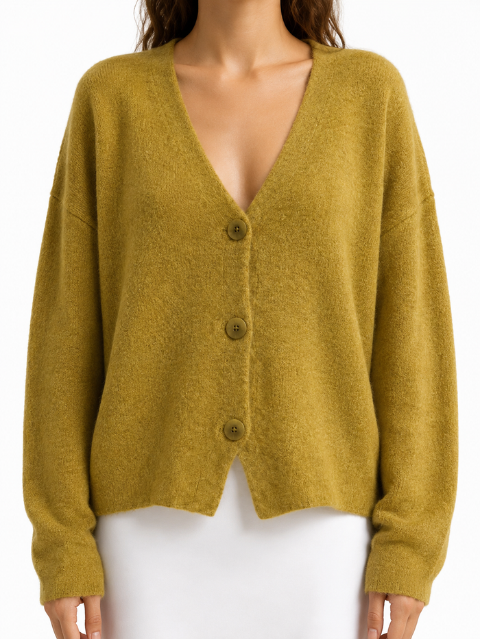 Mosterdgele gebreide cardigan - voorkant