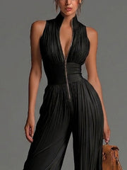 Zwarte V-hals Mouwloze Rits Plissé Wijd-pijpen Chiffon Jumpsuit