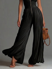 Zwarte V-hals Mouwloze Rits Plissé Wijd-pijpen Chiffon Jumpsuit