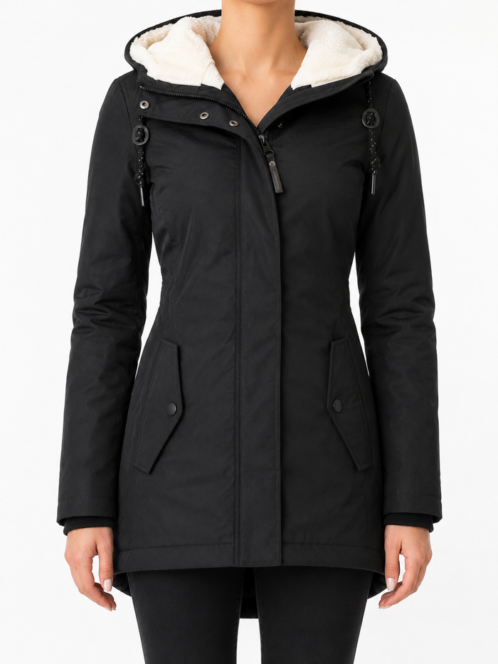 Zwarte parka jas met sherpa capuchon - voorkant