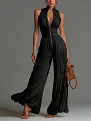 Zwarte V-hals Mouwloze Rits Plissé Wijd-pijpen Chiffon Jumpsuit