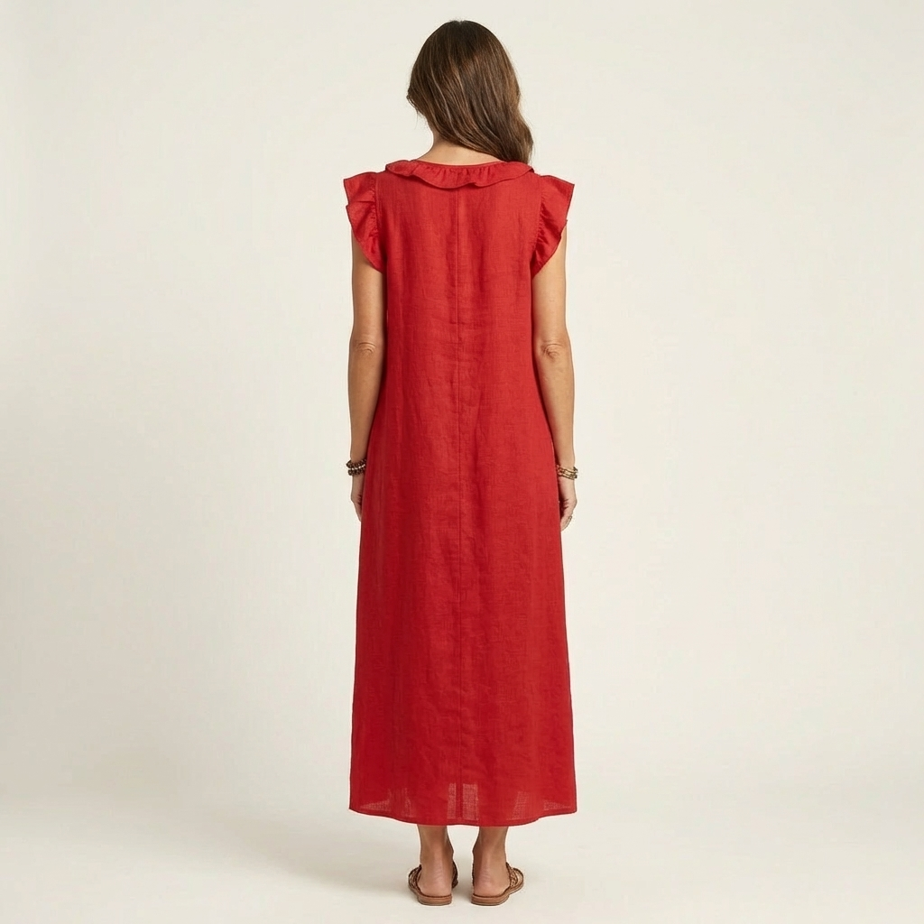 Josette | Ruffle V-Hals Linnen Maxi Jurk
