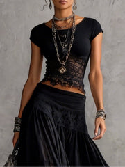 Zwarte Doorzichtige Kant Gepaneelde Top en Plissé Maxi Rok Set