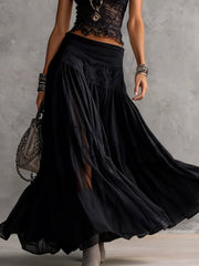 Zwarte Doorzichtige Kant Gepaneelde Top en Plissé Maxi Rok Set