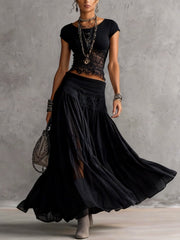 Zwarte Doorzichtige Kant Gepaneelde Top en Plissé Maxi Rok Set